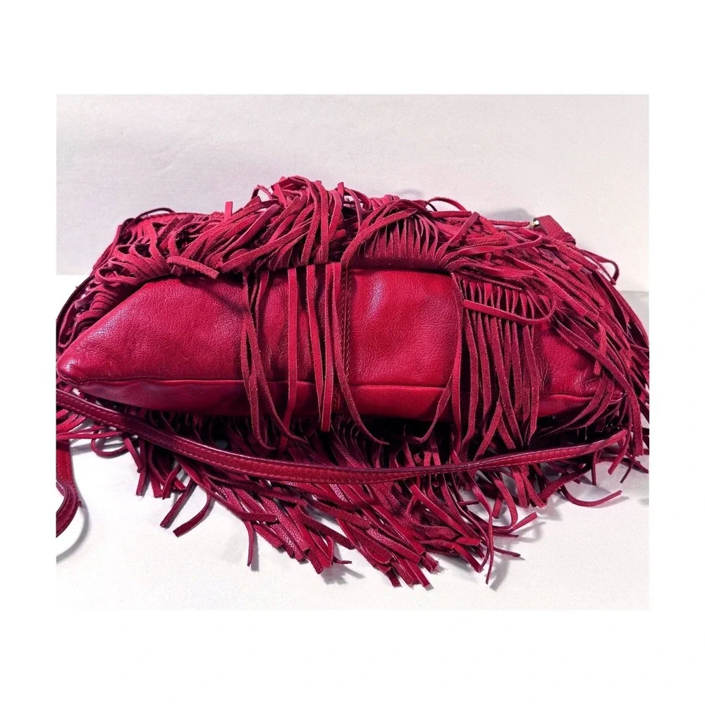 Zara Woman Red Genuine Leather Fringe Bohemian Crossbody